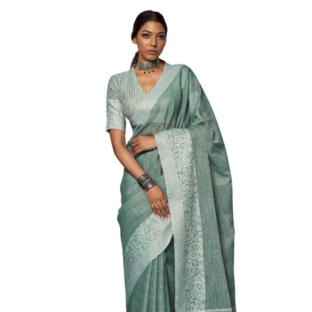 Women's Linen Printed Saree With Unstitched Blouse 5.5 Mtr (Sea Green)