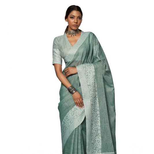 Women's Linen Printed Saree With Unstitched Blouse 5.5m (Sea Green)