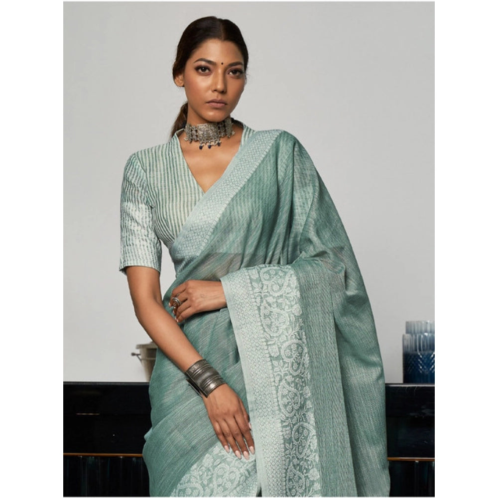 Women's Linen Printed Saree With Unstitched Blouse 5.5 Mtr (Sea Green)