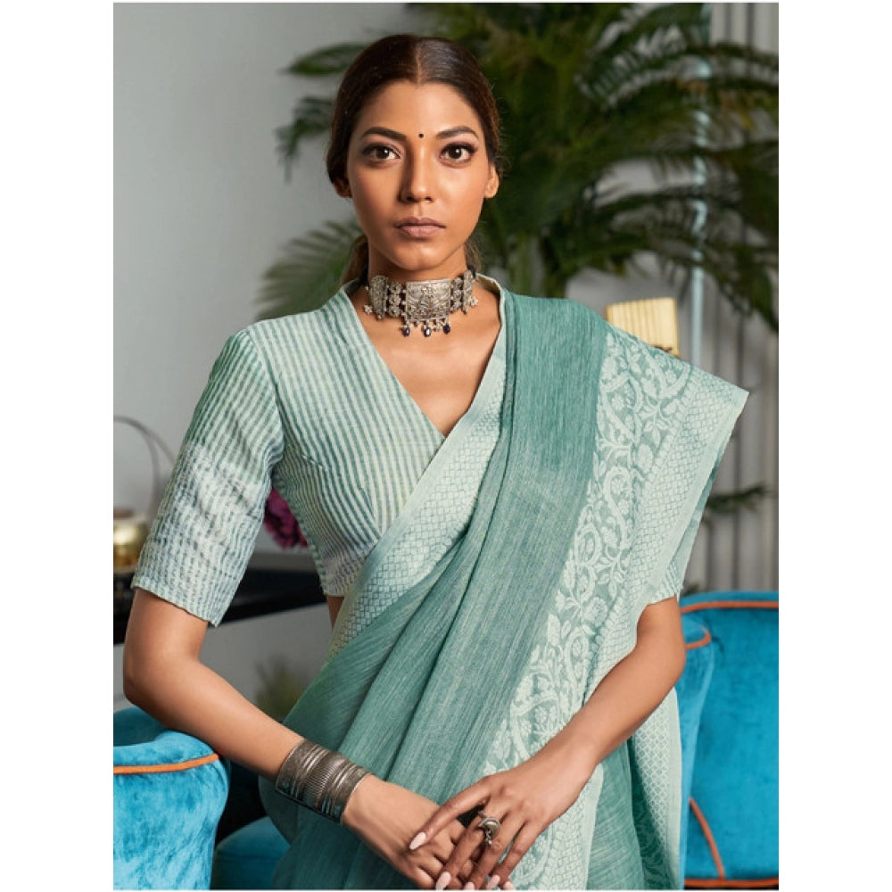 Women's Linen Printed Saree With Unstitched Blouse 5.5 Mtr (Sea Green)