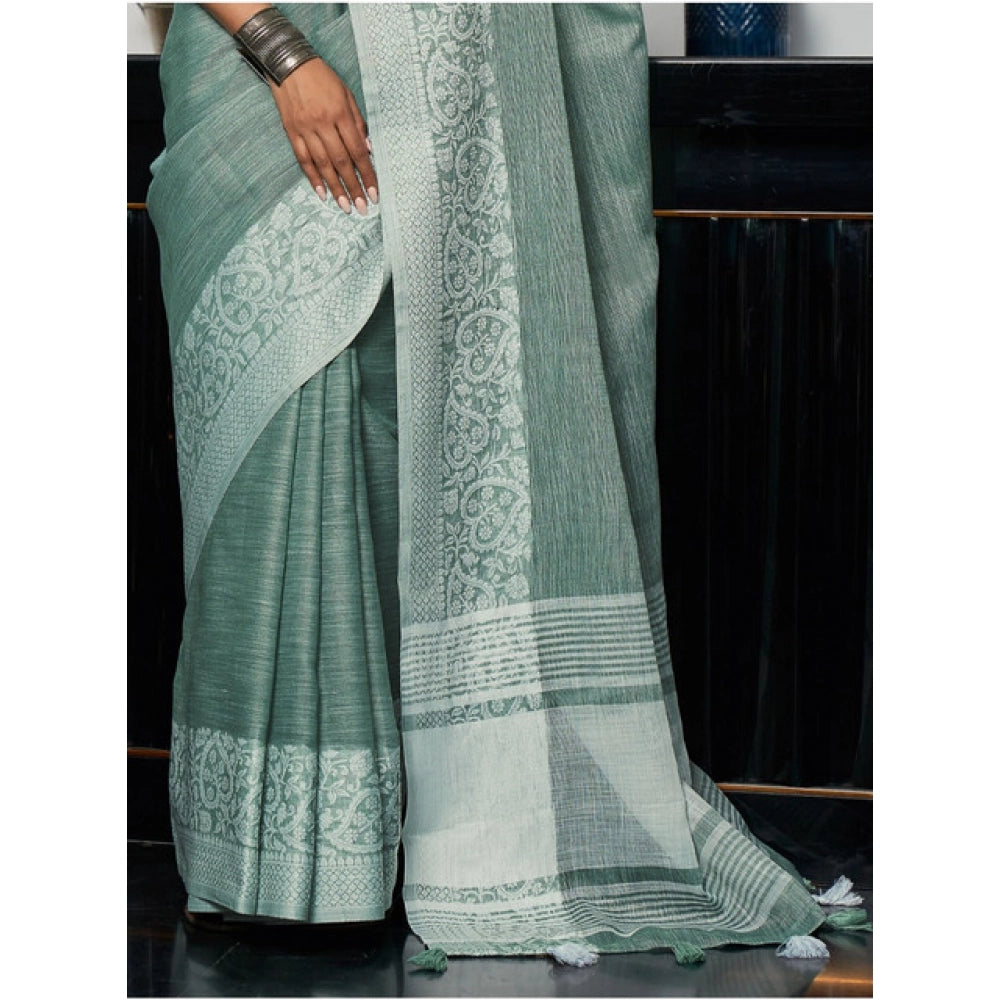 Women's Linen Printed Saree With Unstitched Blouse 5.5 Mtr (Sea Green)