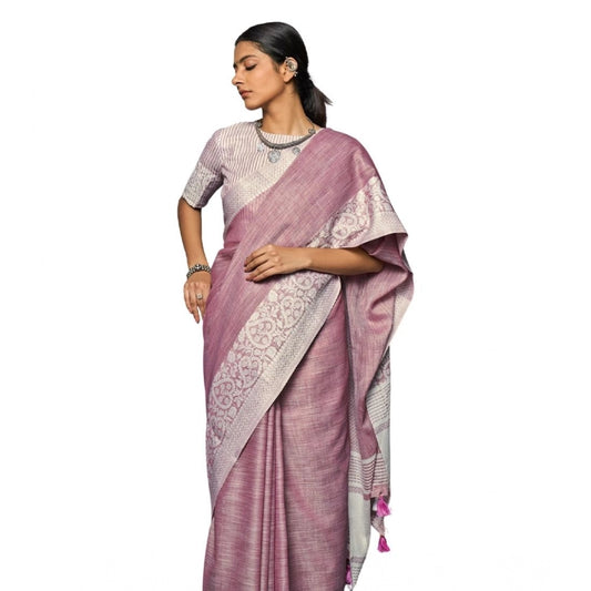 Women's Linen Printed Saree With Unstitched Blouse 5.5m (Purple)