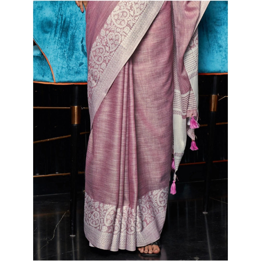Women's Linen Printed Saree With Unstitched Blouse 5.5 Mtr (Purple)