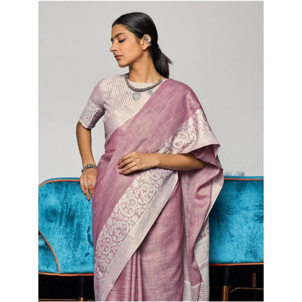 Women's Linen Printed Saree With Unstitched Blouse 5.5 Mtr (Purple)