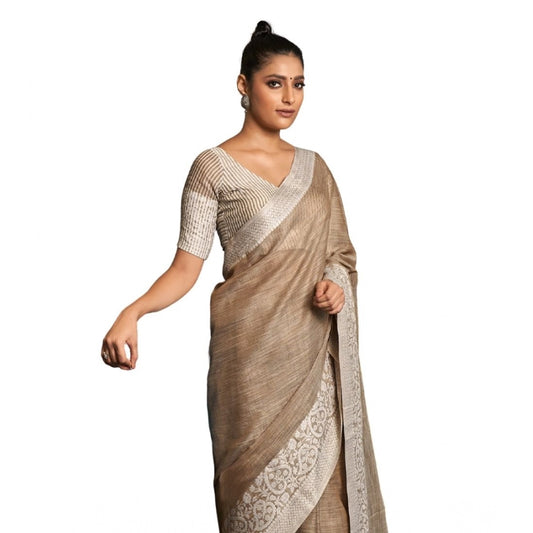 Women's Linen Printed Saree With Unstitched Blouse 5.5m (Beige)