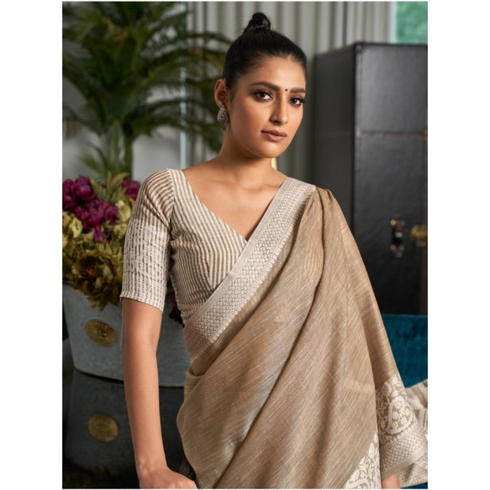 Women's Linen Printed Saree With Unstitched Blouse 5.5 Mtr (Beige)