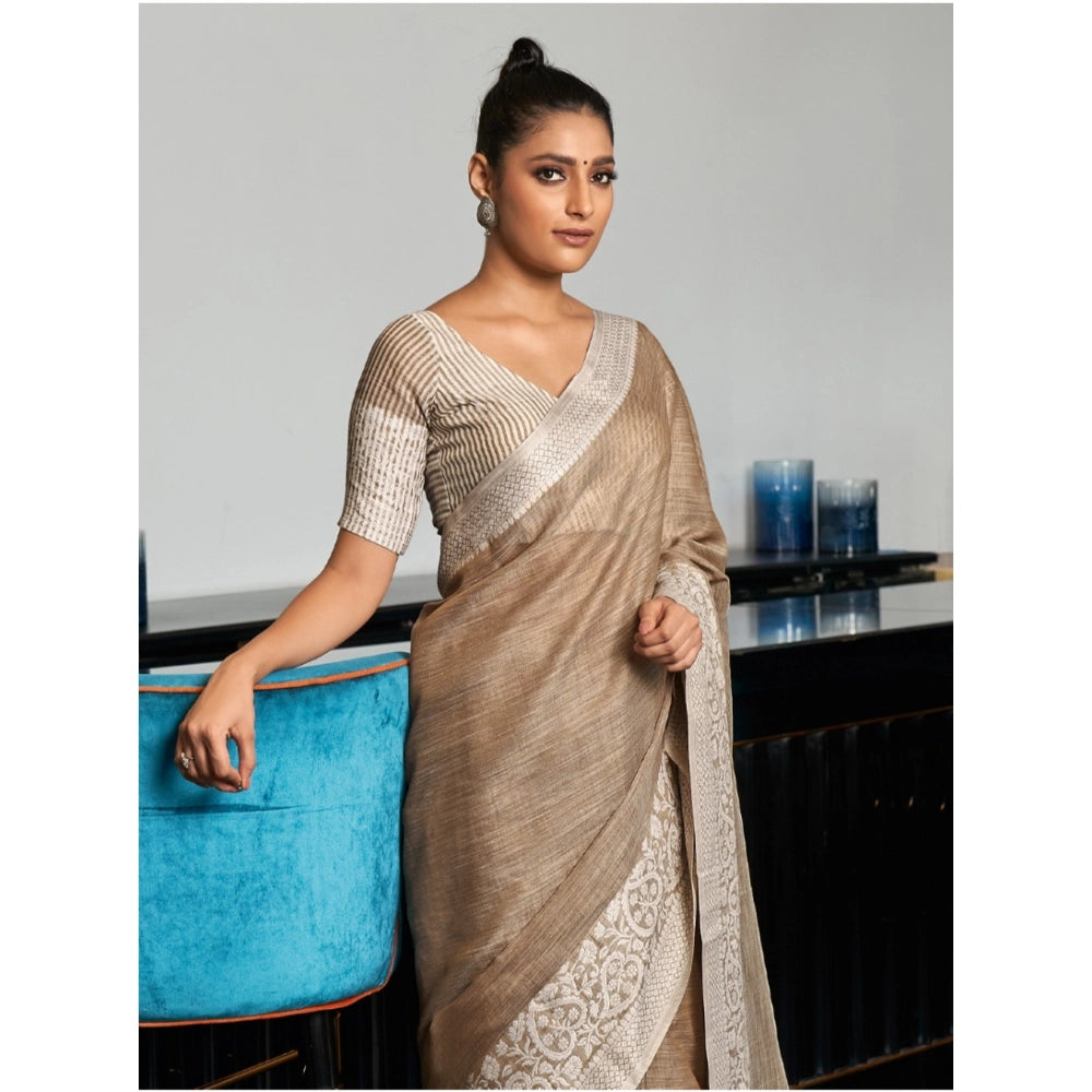 Women's Linen Printed Saree With Unstitched Blouse 5.5 Mtr (Beige)