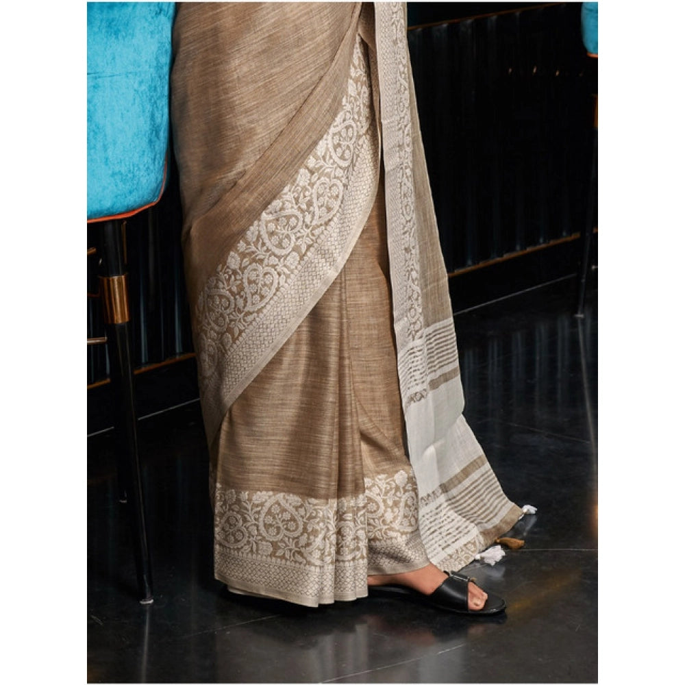 Women's Linen Printed Saree With Unstitched Blouse 5.5 Mtr (Beige)