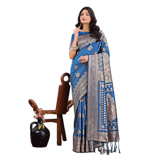 Women's Silk Printed Saree With Unstitched Blouse 5.5m (Sky Blue)