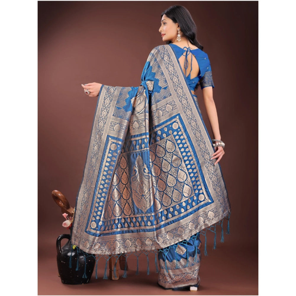 Women's Silk Printed Saree With Unstitched Blouse 5.5 Mtr (Sky Blue)