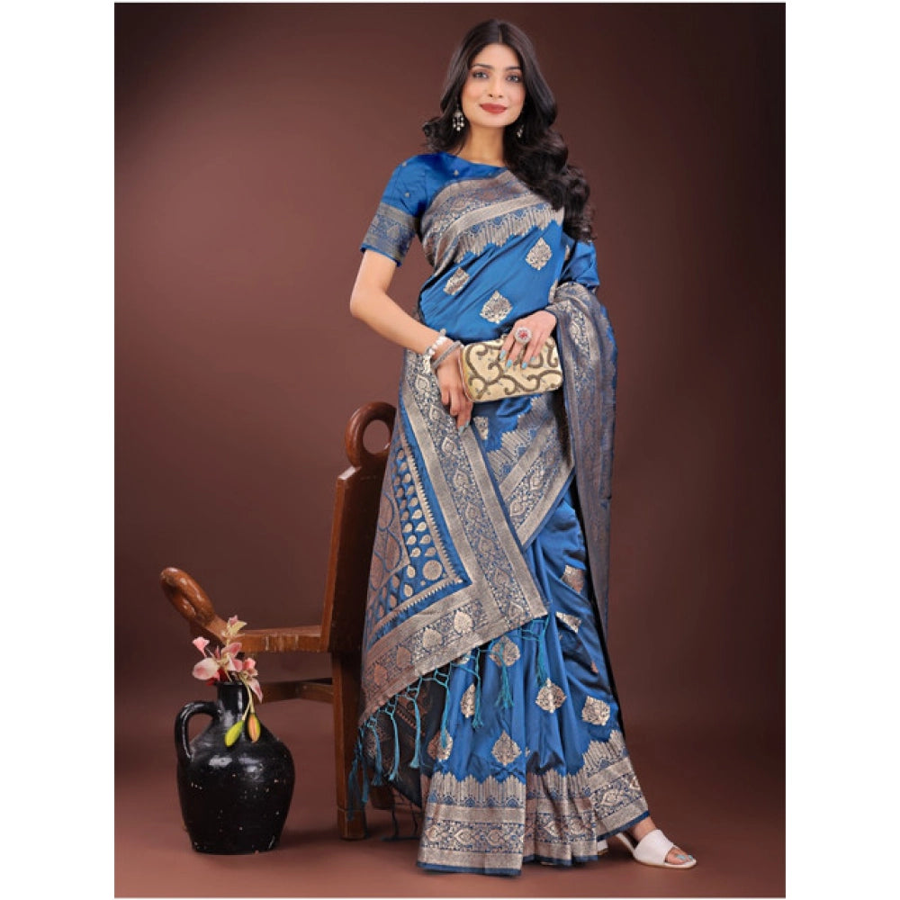 Women's Silk Printed Saree With Unstitched Blouse 5.5 Mtr (Sky Blue)