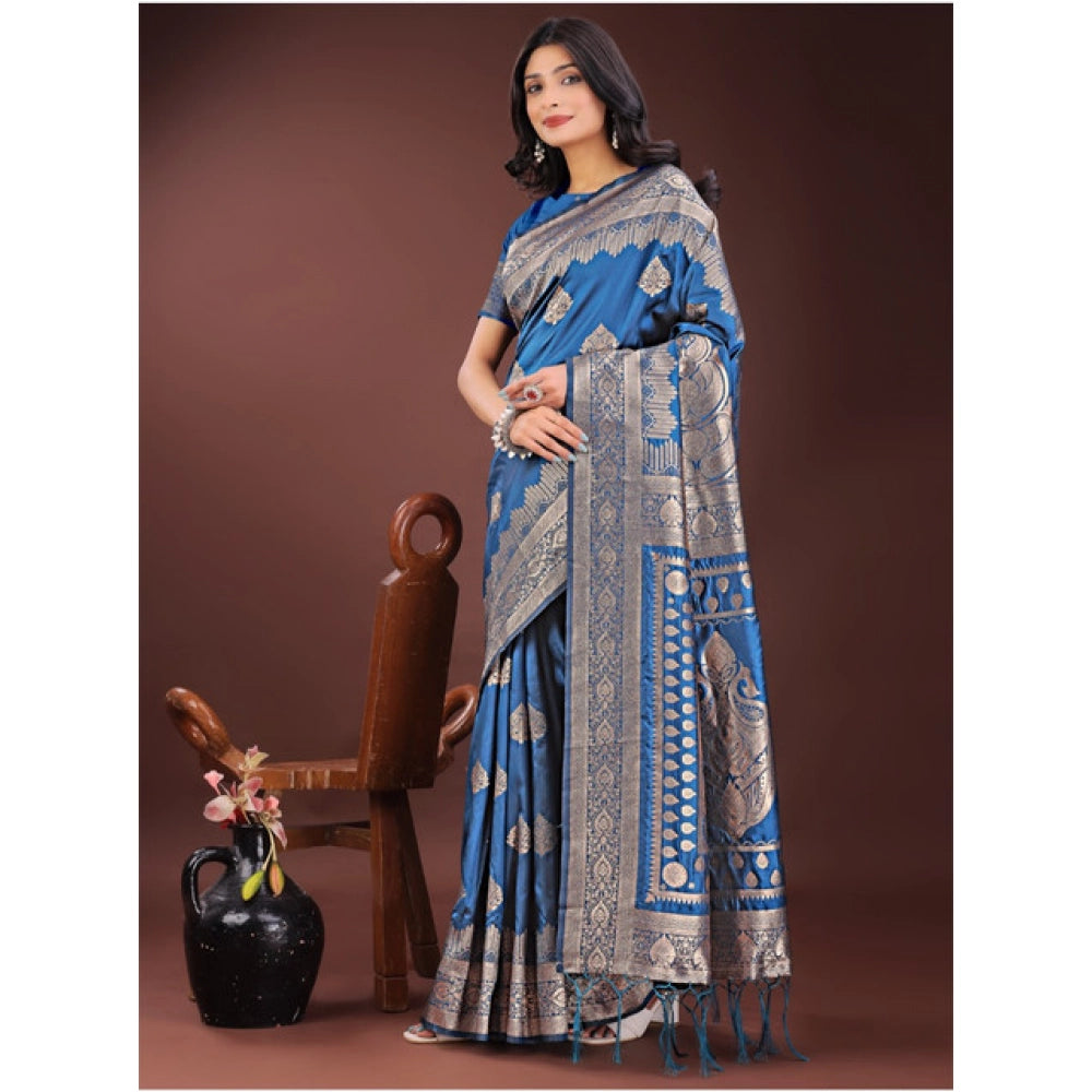 Women's Silk Printed Saree With Unstitched Blouse 5.5 Mtr (Sky Blue)