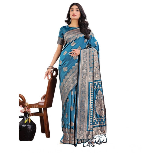 Women's Silk Printed Saree With Unstitched Blouse 5.5m (Teal)