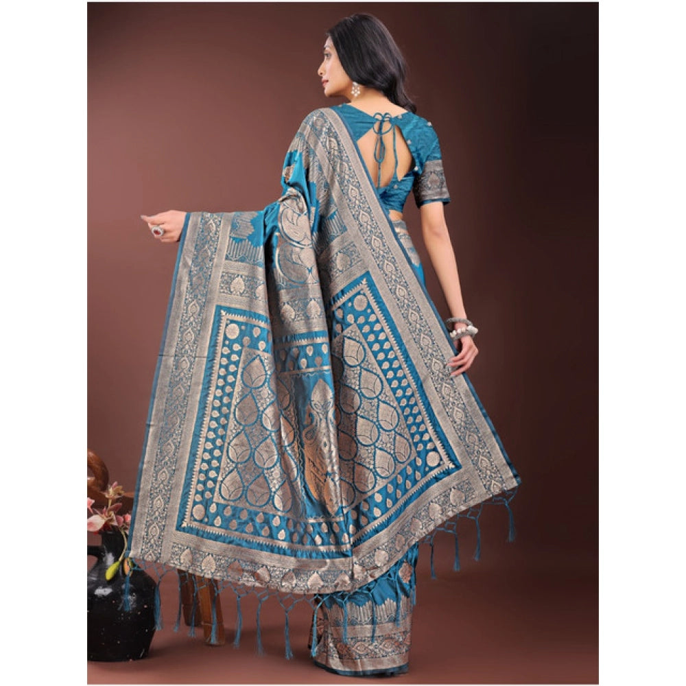 Women's Silk Printed Saree With Unstitched Blouse 5.5 Mtr (Teal)