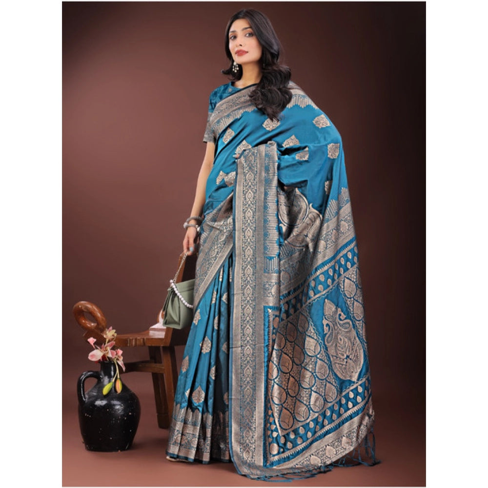 Women's Silk Printed Saree With Unstitched Blouse 5.5 Mtr (Teal)