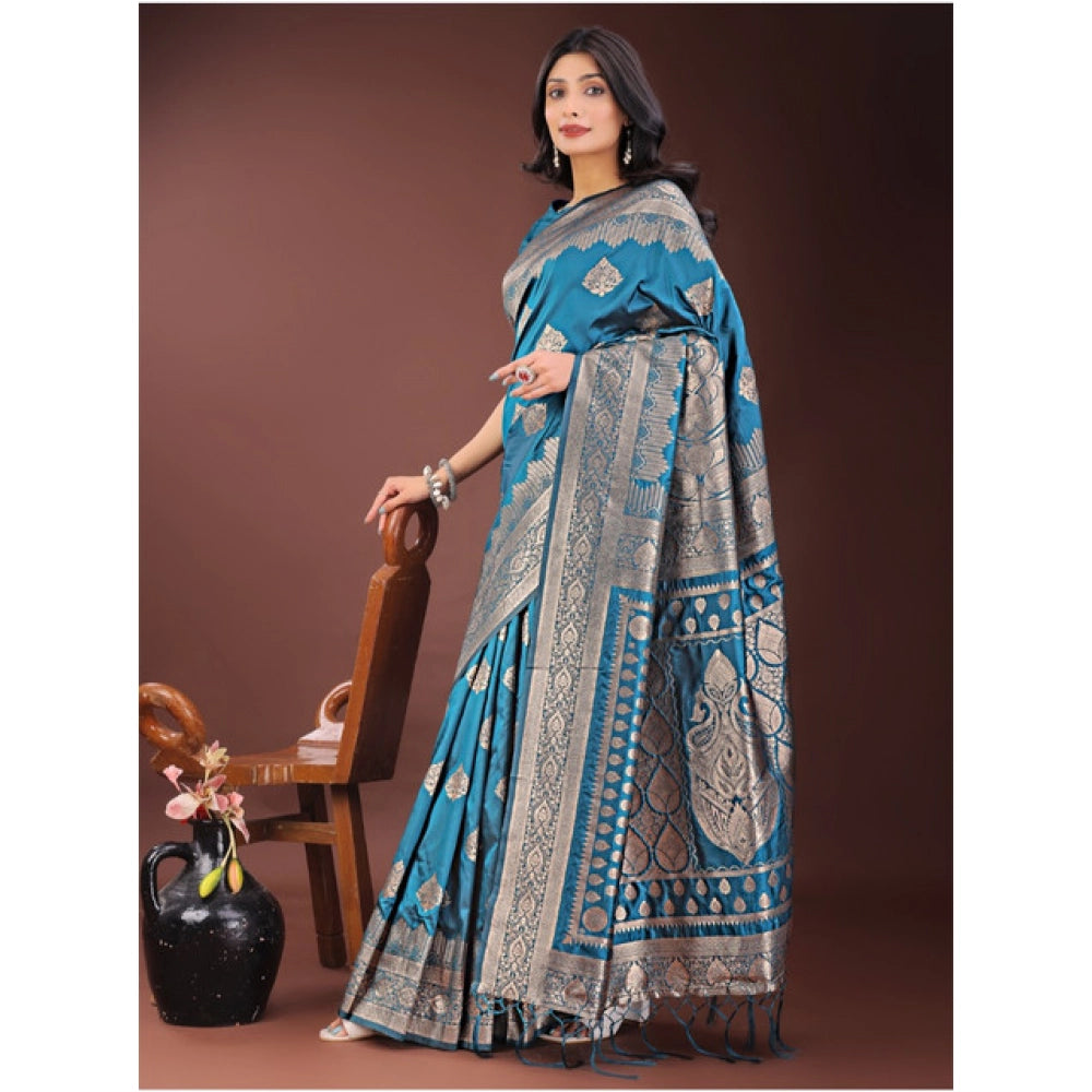 Women's Silk Printed Saree With Unstitched Blouse 5.5 Mtr (Teal)