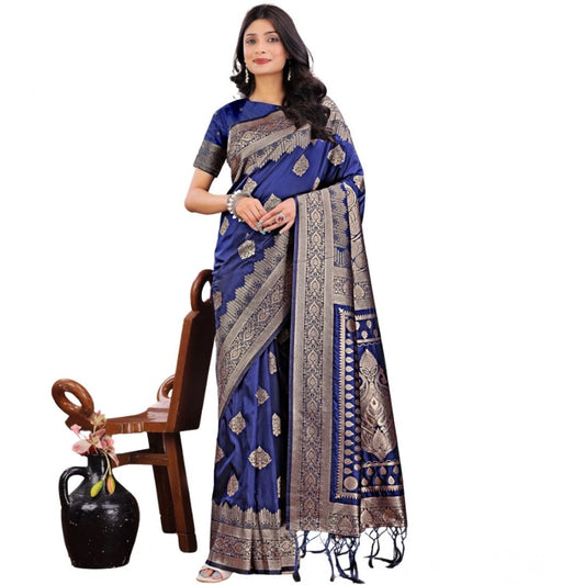 Women's Silk Printed Saree With Unstitched Blouse 5.5m (Navy Blue)
