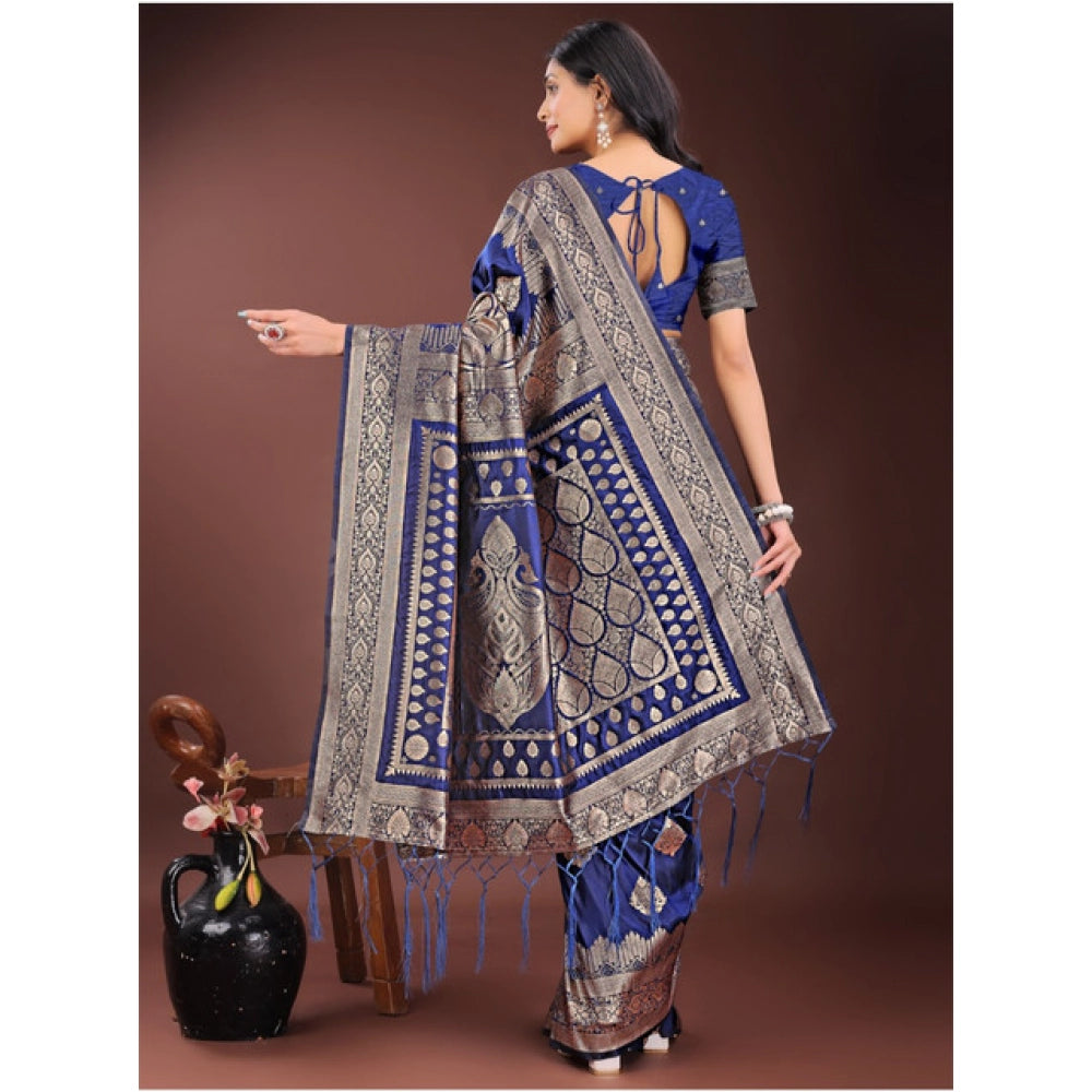 Women's Silk Printed Saree With Unstitched Blouse 5.5 Mtr (Navy Blue)