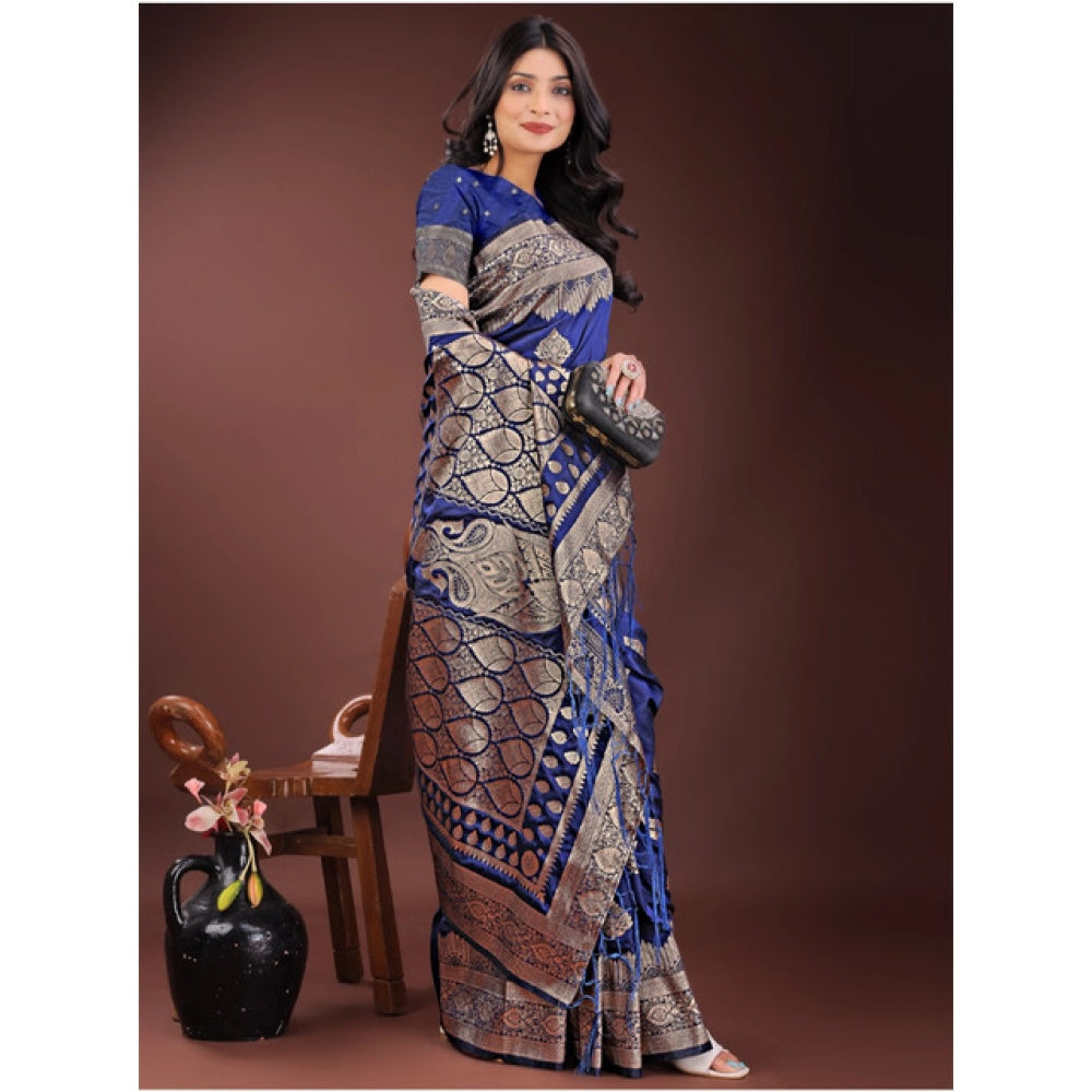 Women's Silk Printed Saree With Unstitched Blouse 5.5 Mtr (Navy Blue)