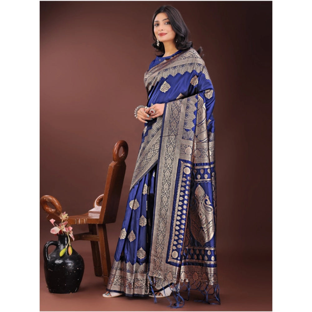 Women's Silk Printed Saree With Unstitched Blouse 5.5 Mtr (Navy Blue)