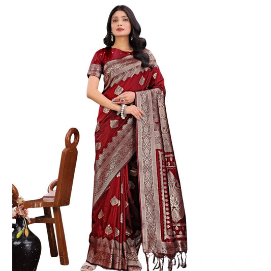 Women's Silk Printed Saree With Unstitched Blouse 5.5m (Maroon)