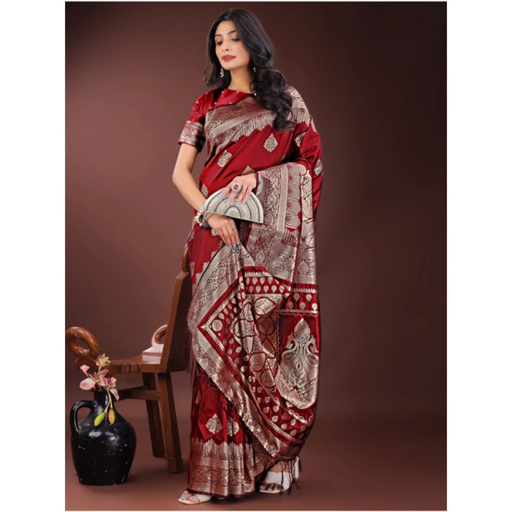 Women's Silk Printed Saree With Unstitched Blouse 5.5 Mtr (Maroon)