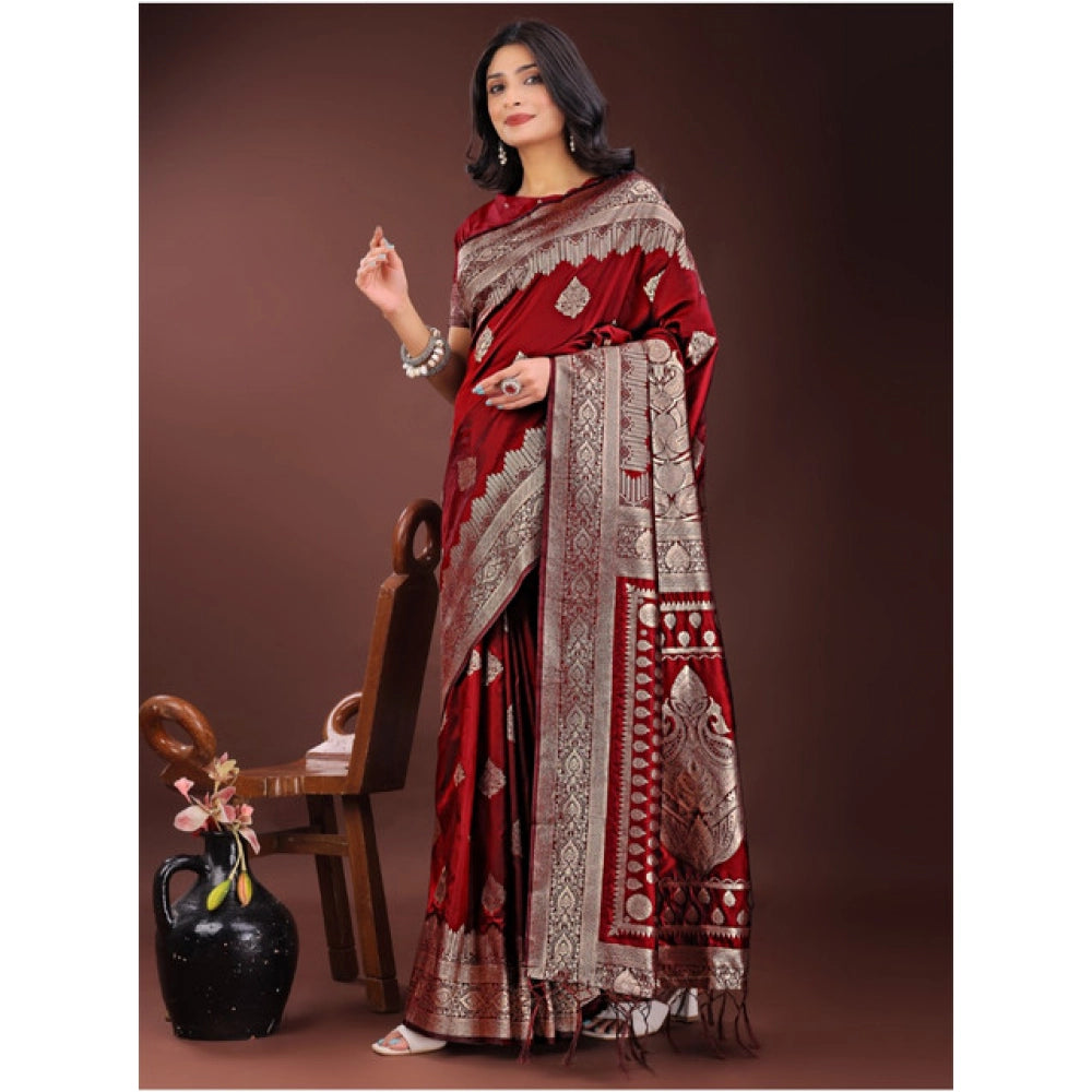 Women's Silk Printed Saree With Unstitched Blouse 5.5 Mtr (Maroon)