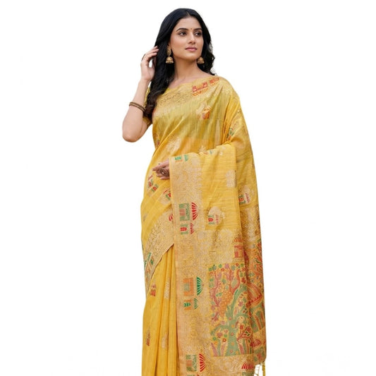 Women's Linen Cotton Printed Saree With Unstitched Blouse 5.5m (Yellow)