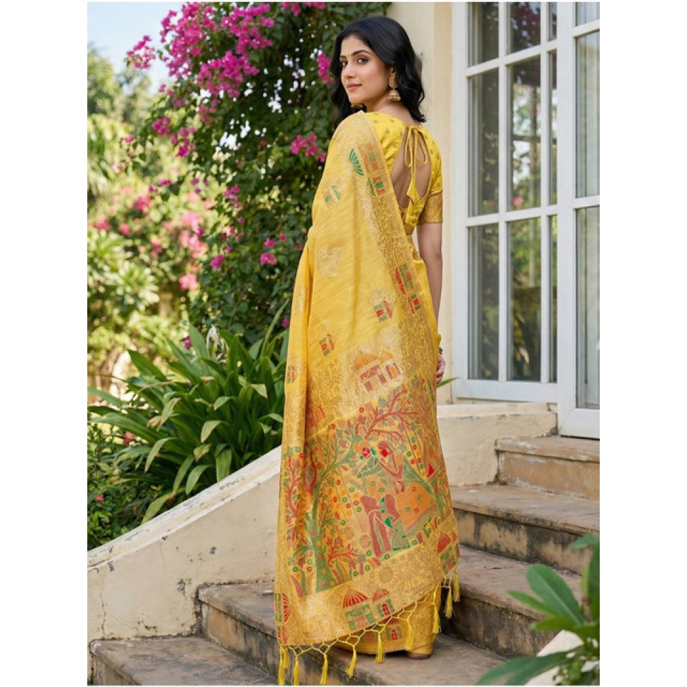 Women's Linen Cotton Printed Saree With Unstitched Blouse 5.5 Mtr (Yellow)