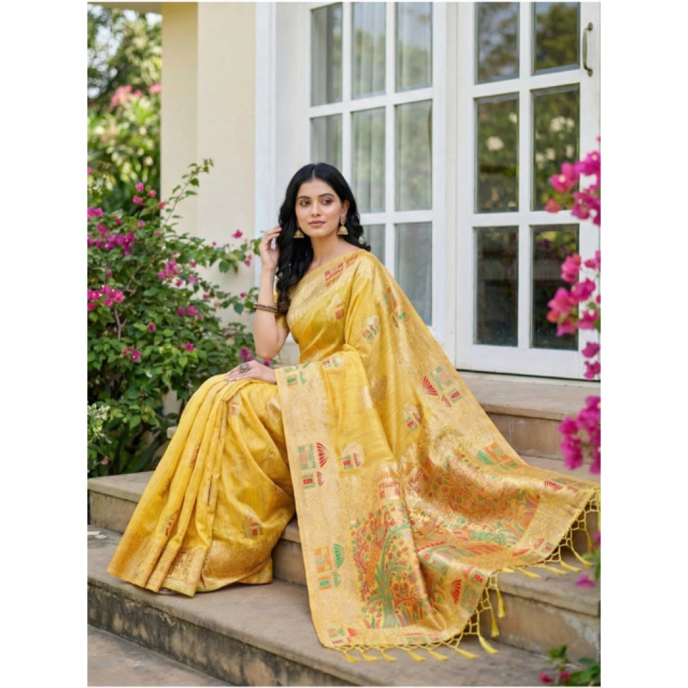 Women's Linen Cotton Printed Saree With Unstitched Blouse 5.5 Mtr (Yellow)