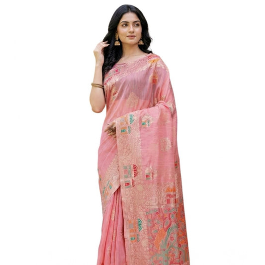 Women's Linen Cotton Printed Saree With Unstitched Blouse 5.5m (Pink)