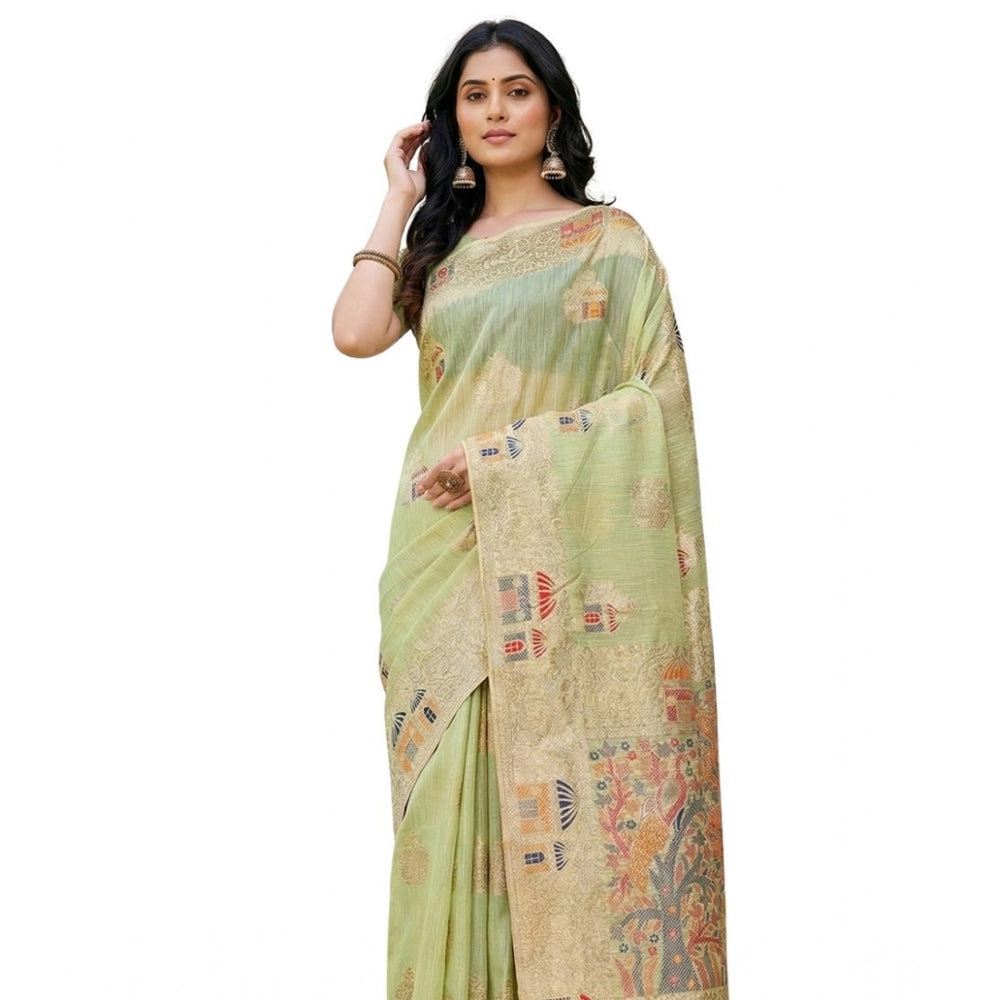 Women's Linen Cotton Printed Saree With Unstitched Blouse 5.5 Mtr (Light Green)