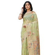 Women's Linen Cotton Printed Saree With Unstitched Blouse 5.5 Mtr (Light Green)