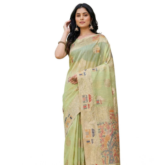 Women's Linen Cotton Printed Saree With Unstitched Blouse 5.5m (Light Green)
