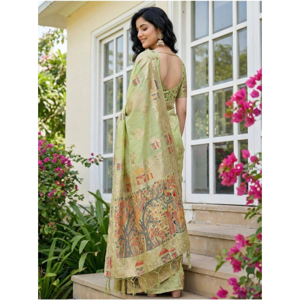 Women's Linen Cotton Printed Saree With Unstitched Blouse 5.5 Mtr (Light Green)