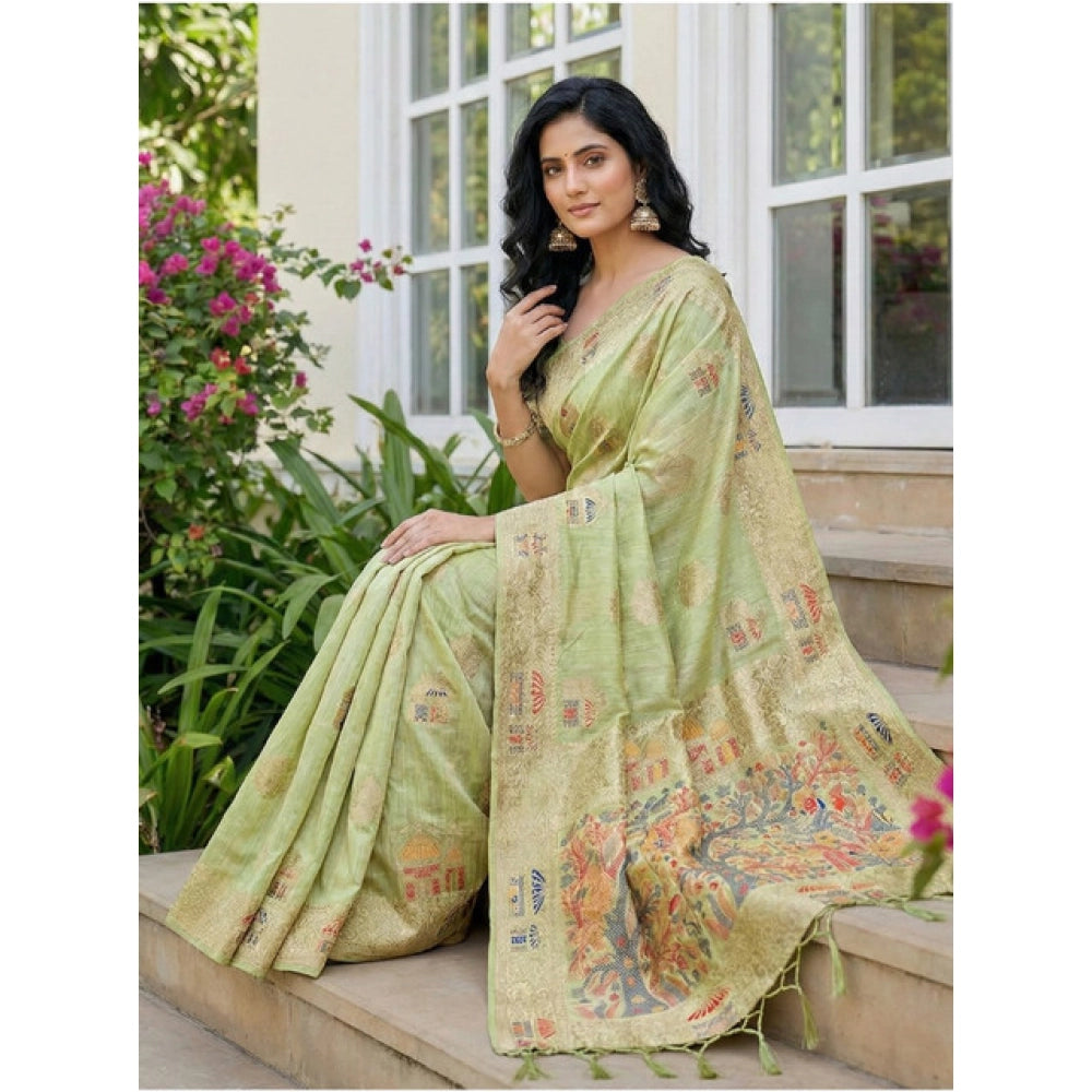 Women's Linen Cotton Printed Saree With Unstitched Blouse 5.5 Mtr (Light Green)