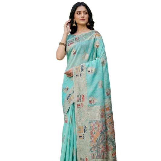 Women's Linen Cotton Printed Saree With Unstitched Blouse 5.5m (Sky Blue)