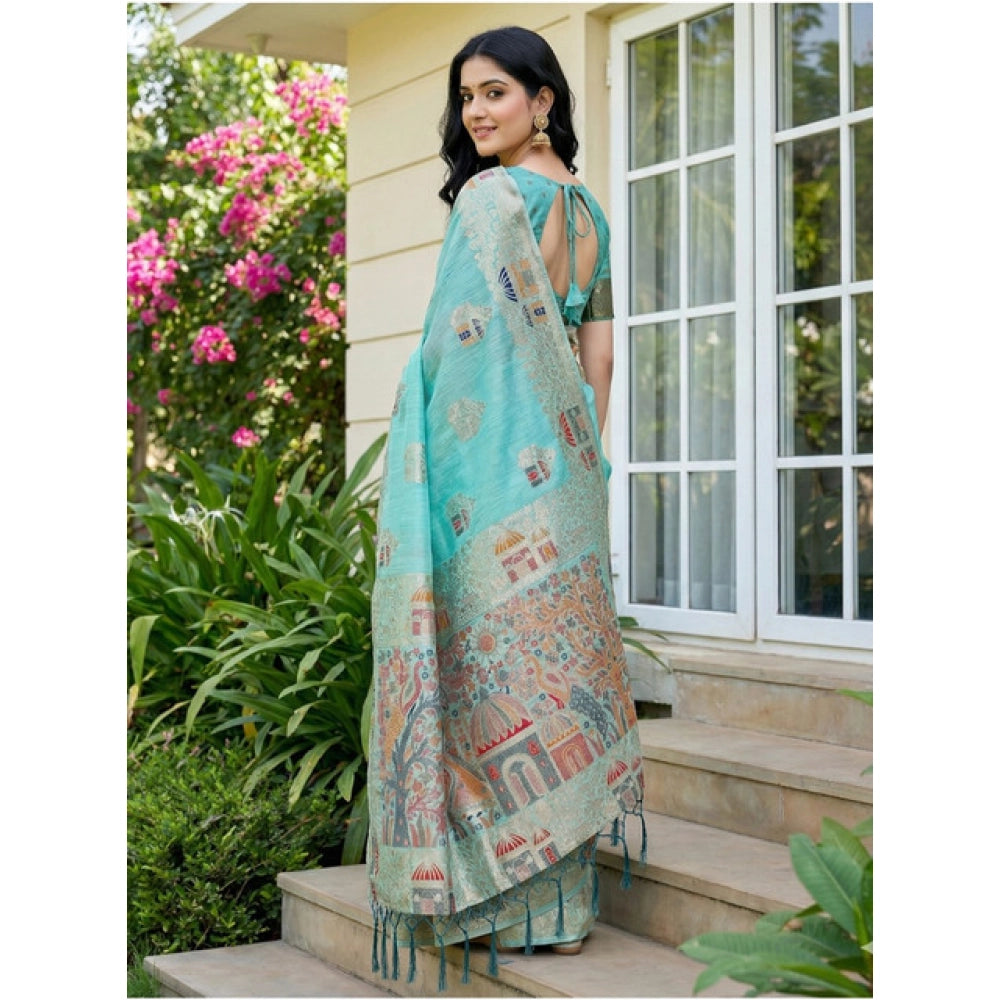 Women's Linen Cotton Printed Saree With Unstitched Blouse 5.5 Mtr (Sky Blue)