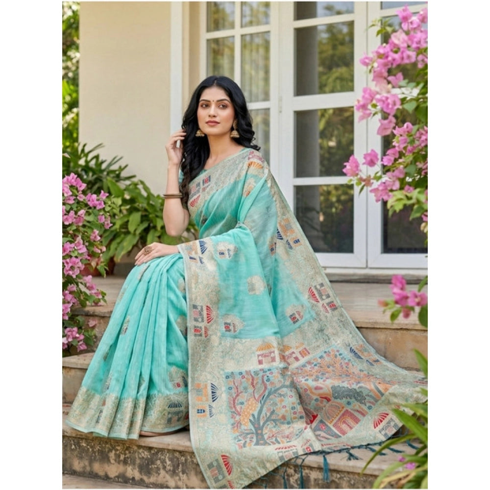Women's Linen Cotton Printed Saree With Unstitched Blouse 5.5 Mtr (Sky Blue)