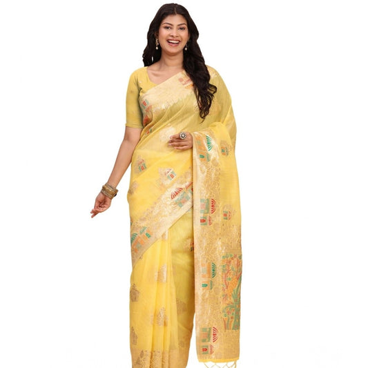 Women's Linen Cotton Printed Saree With Unstitched Blouse 5.5m (Yellow)