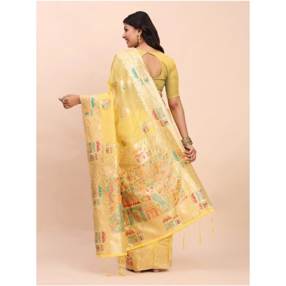 Women's Linen Cotton Printed Saree With Unstitched Blouse 5.5 Mtr (Yellow)