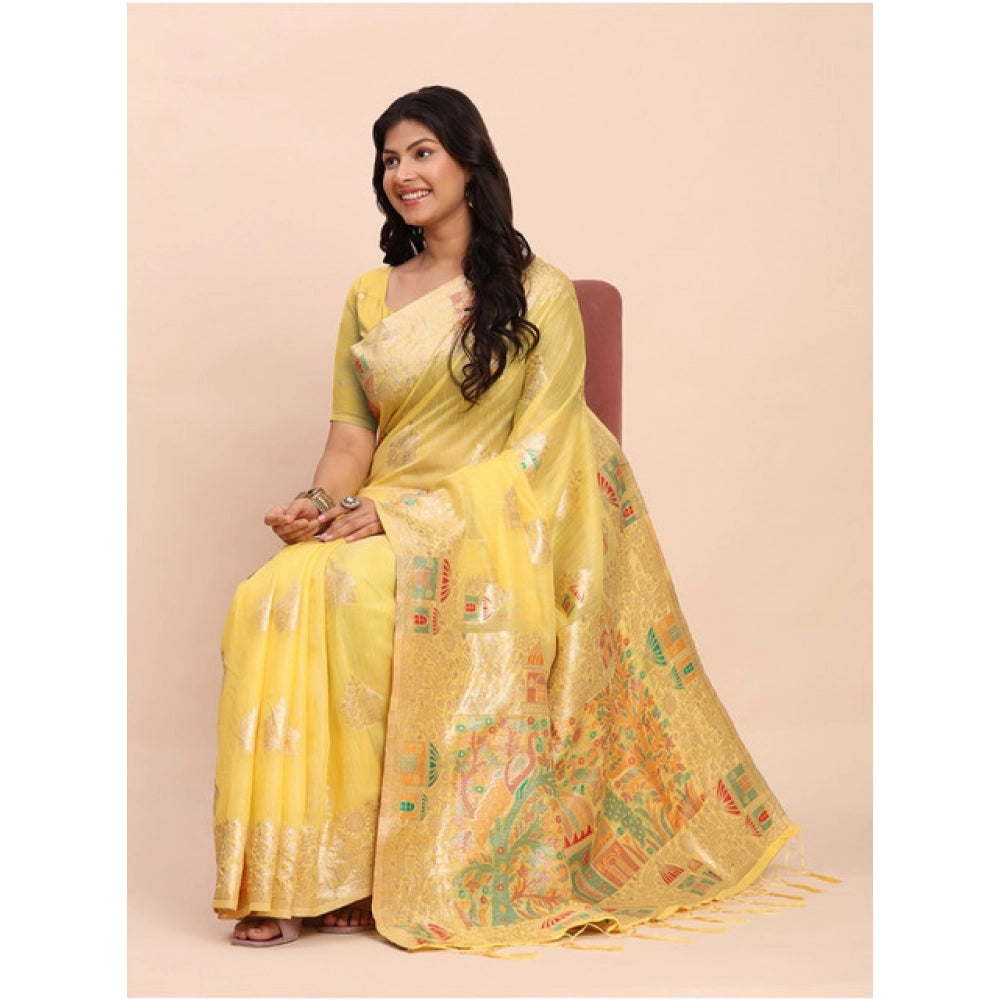 Women's Linen Cotton Printed Saree With Unstitched Blouse 5.5 Mtr (Yellow)