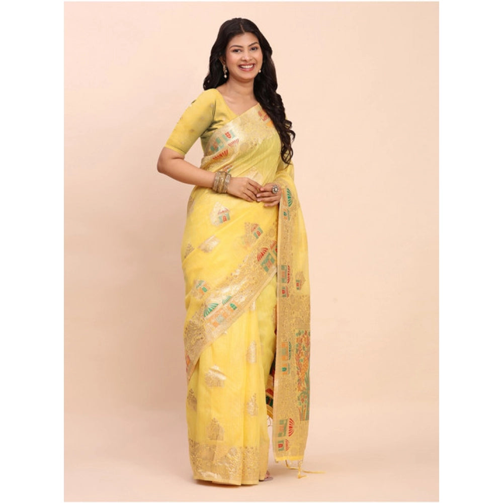 Women's Linen Cotton Printed Saree With Unstitched Blouse 5.5 Mtr (Yellow)