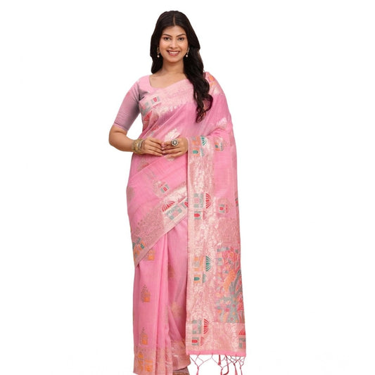 Women's Linen Cotton Printed Saree With Unstitched Blouse 5.5m (Pink)