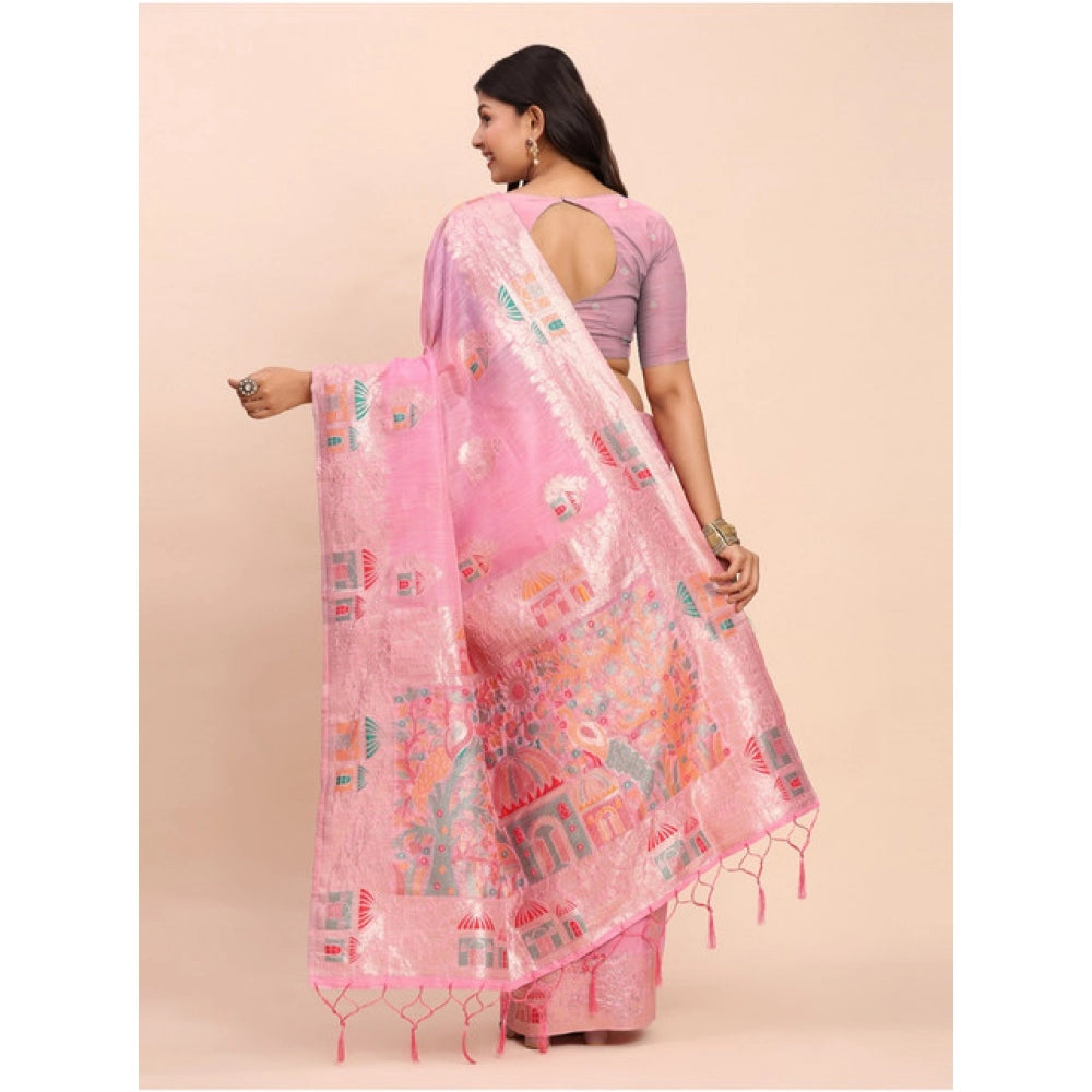 Women's Linen Cotton Printed Saree With Unstitched Blouse 5.5 Mtr (Pink)