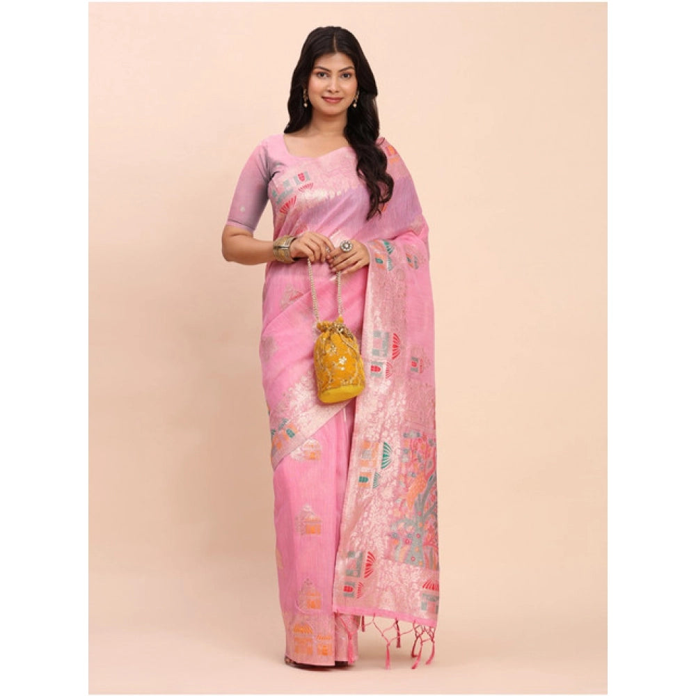 Women's Linen Cotton Printed Saree With Unstitched Blouse 5.5 Mtr (Pink)
