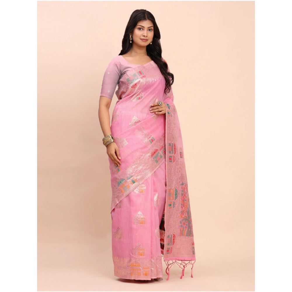 Women's Linen Cotton Printed Saree With Unstitched Blouse 5.5 Mtr (Pink)