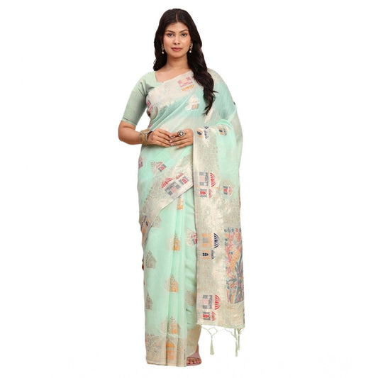 Women's Linen Cotton Printed Saree With Unstitched Blouse 5.5m (Sea Green)