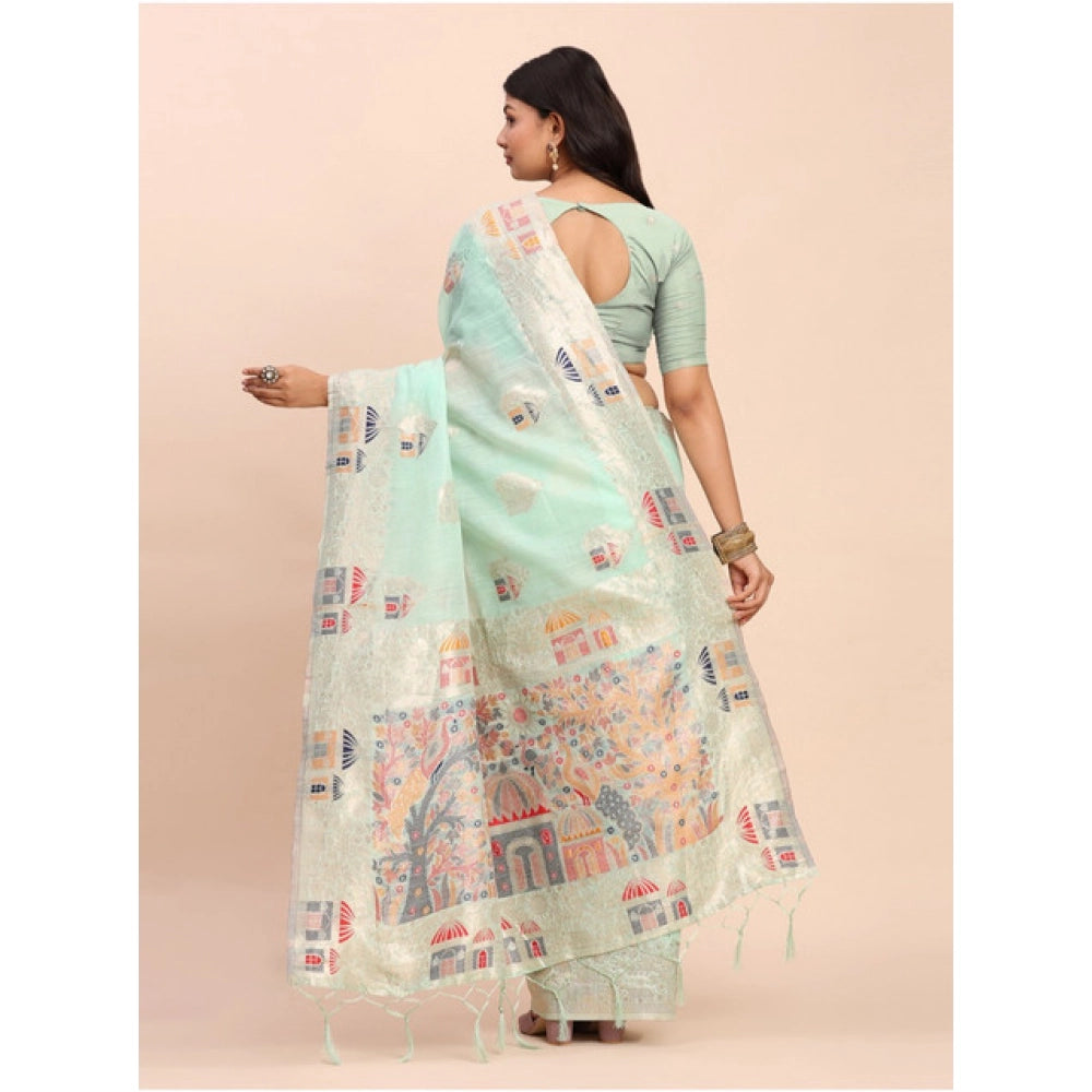 Women's Linen Cotton Printed Saree With Unstitched Blouse 5.5 Mtr (Sea Green)