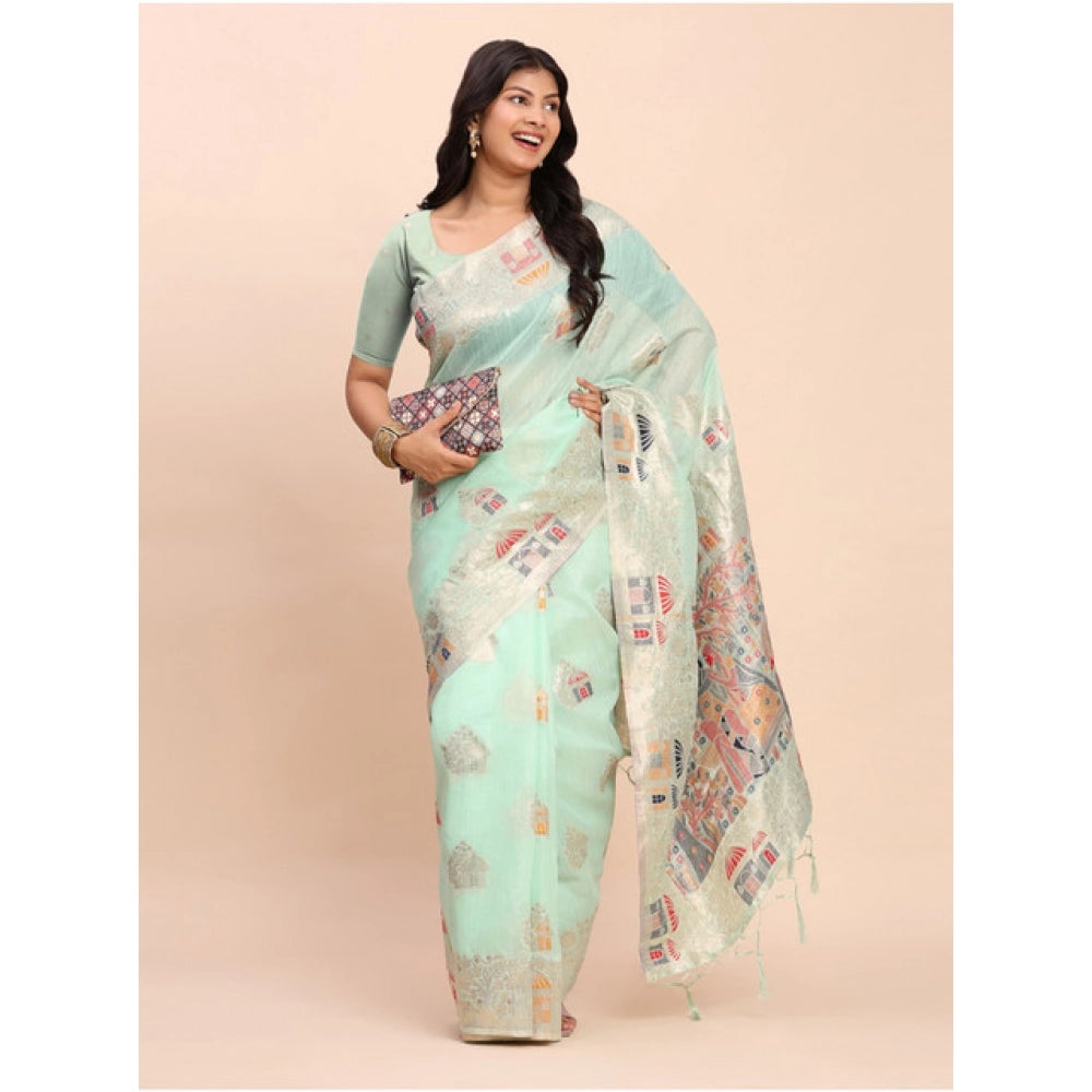 Women's Linen Cotton Printed Saree With Unstitched Blouse 5.5 Mtr (Sea Green)